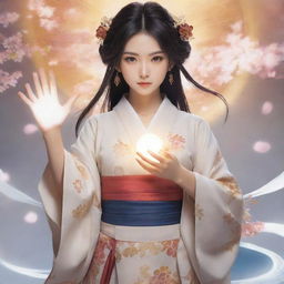 Create an anime style female character imbued with spiritual powers. Her powers manifest as ethereal light around her hands, and she wears traditional Japanese clothing accentuated with modern fashion elements.