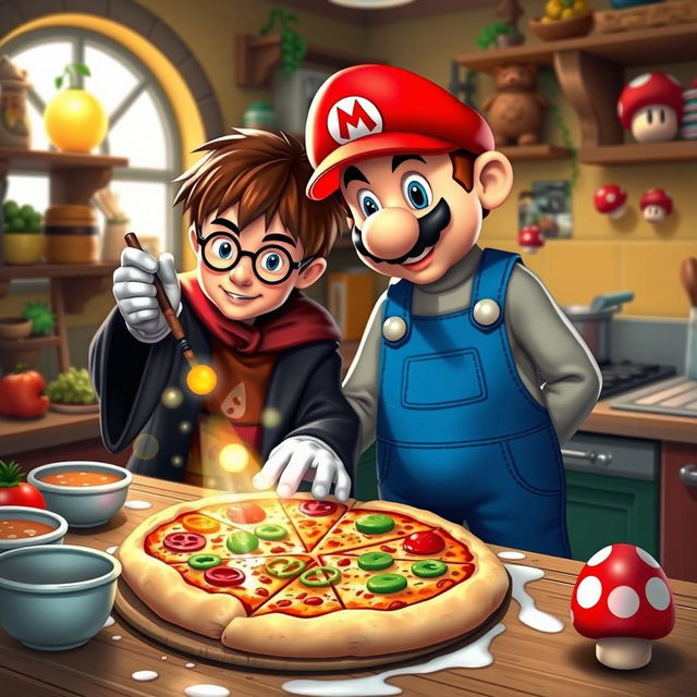 A whimsical and magical collaboration scene featuring Harry Potter and Super Mario in a vibrant kitchen