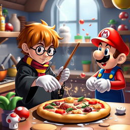 A whimsical and magical collaboration scene featuring Harry Potter and Super Mario in a vibrant kitchen