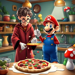 A whimsical and magical collaboration scene featuring Harry Potter and Super Mario in a vibrant kitchen