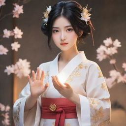 Create an anime style female character imbued with spiritual powers. Her powers manifest as ethereal light around her hands, and she wears traditional Japanese clothing accentuated with modern fashion elements.