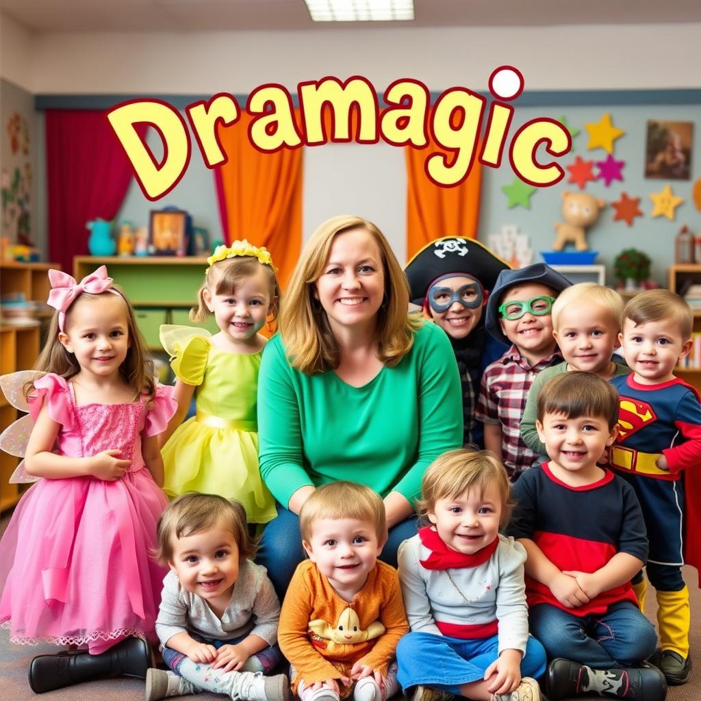 A heartwarming and dynamic photograph featuring a drama teacher surrounded by a group of young children, each dressed in unique and colorful drama character costumes such as a fairy, pirate, and superhero