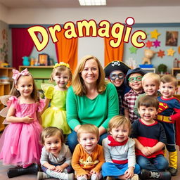 A heartwarming and dynamic photograph featuring a drama teacher surrounded by a group of young children, each dressed in unique and colorful drama character costumes such as a fairy, pirate, and superhero