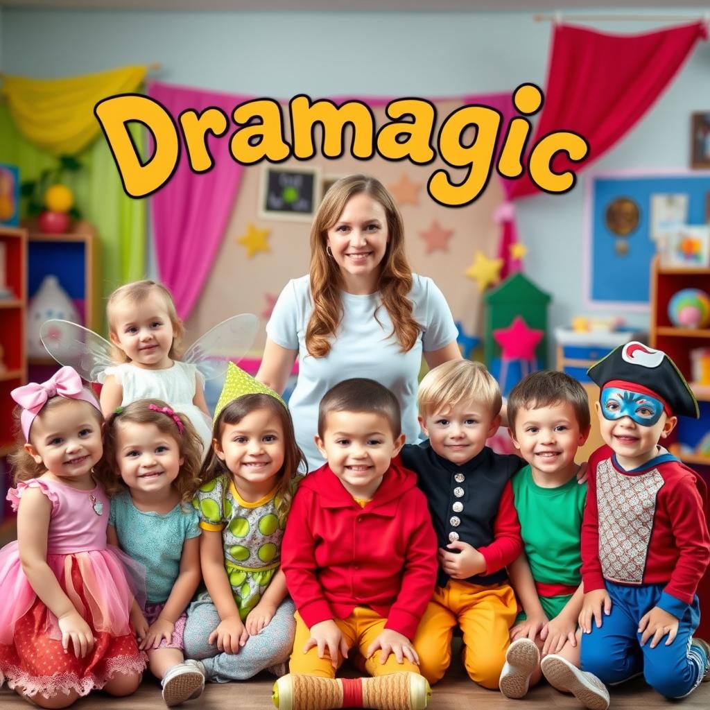 A heartwarming and dynamic photograph featuring a drama teacher surrounded by a group of young children, each dressed in unique and colorful drama character costumes such as a fairy, pirate, and superhero