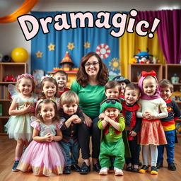 A heartwarming and dynamic photograph featuring a drama teacher surrounded by a group of young children, each dressed in unique and colorful drama character costumes such as a fairy, pirate, and superhero