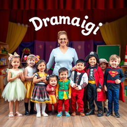 A heartwarming and dynamic photograph featuring a drama teacher surrounded by a group of young children, each dressed in unique and colorful drama character costumes such as a fairy, pirate, and superhero