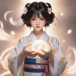 Create an anime style female character imbued with spiritual powers. Her powers manifest as ethereal light around her hands, and she wears traditional Japanese clothing accentuated with modern fashion elements.