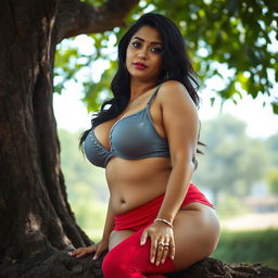 A voluptuous Indian woman with an alluring appearance, showcasing her ample bust in a revealing gray bra and seductive red panties