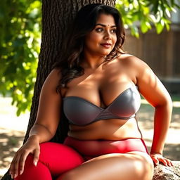 A voluptuous Indian woman with an alluring appearance, showcasing her ample bust in a revealing gray bra and seductive red panties