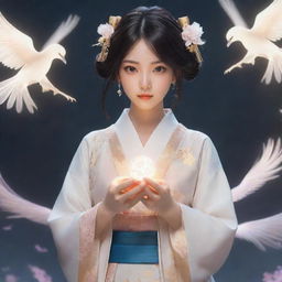 Create an anime style female character imbued with spiritual powers. Her powers manifest as ethereal light around her hands, and she wears traditional Japanese clothing accentuated with modern fashion elements.