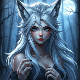 A mesmerizing depiction of a female character with enchanting wolf-like features