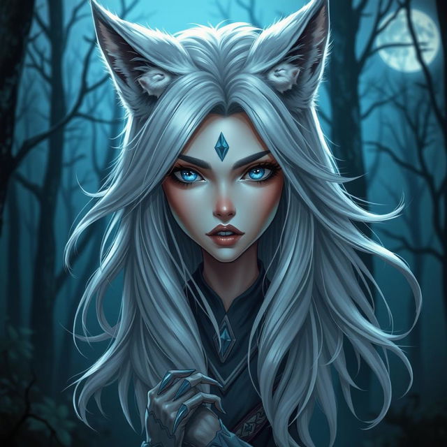 A mesmerizing depiction of a female character with enchanting wolf-like features