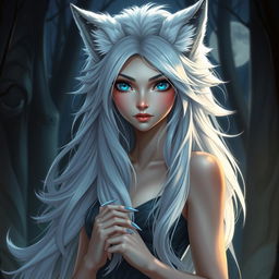 A mesmerizing depiction of a female character with enchanting wolf-like features