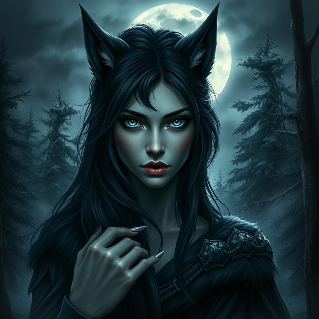 A dark and nordic-inspired depiction of a female character with wolf-like features