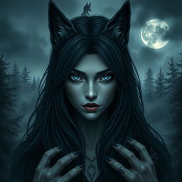 A dark and nordic-inspired depiction of a female character with wolf-like features