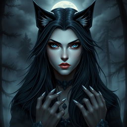 A dark and nordic-inspired depiction of a female character with wolf-like features