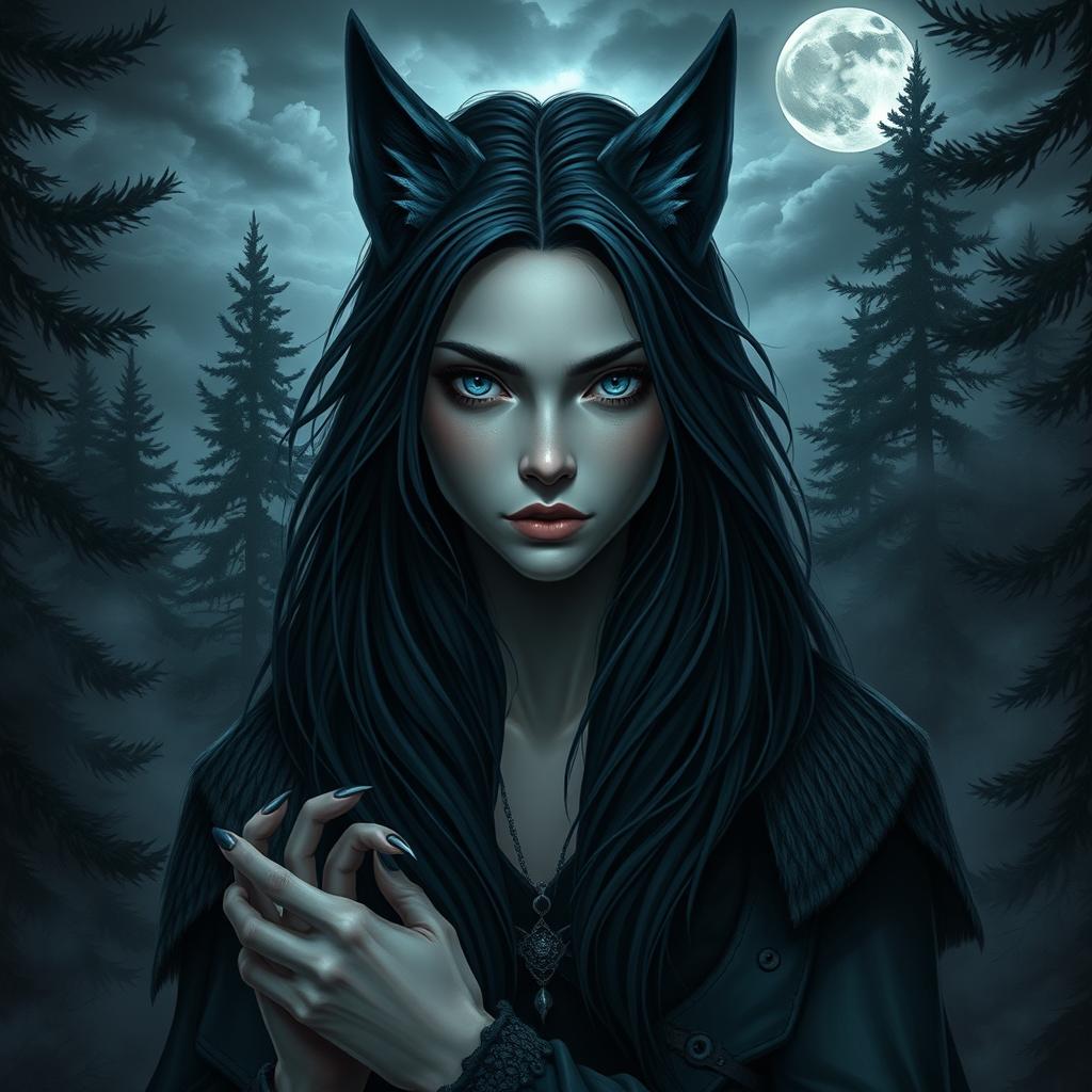 A dark and nordic-inspired depiction of a female character with wolf-like features