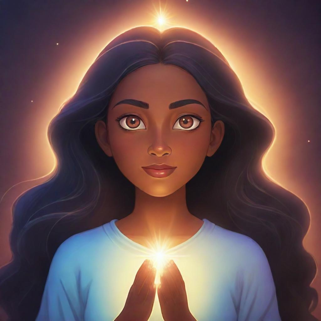 A cartoon female character emanating a glow that suggests spiritual powers. She has an aura of tranquility and depth, with eyes that shine with wisdom. The background is mystic, complementing her powers.