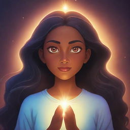 A cartoon female character emanating a glow that suggests spiritual powers. She has an aura of tranquility and depth, with eyes that shine with wisdom. The background is mystic, complementing her powers.