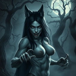 A chilling depiction of a female character merging human and wolf characteristics with a dark, nordic horror atmosphere