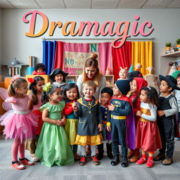 A delightful and engaging photograph capturing a drama teacher interacting with a diverse group of young children in a lively drama classroom