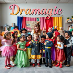 A delightful and engaging photograph capturing a drama teacher interacting with a diverse group of young children in a lively drama classroom