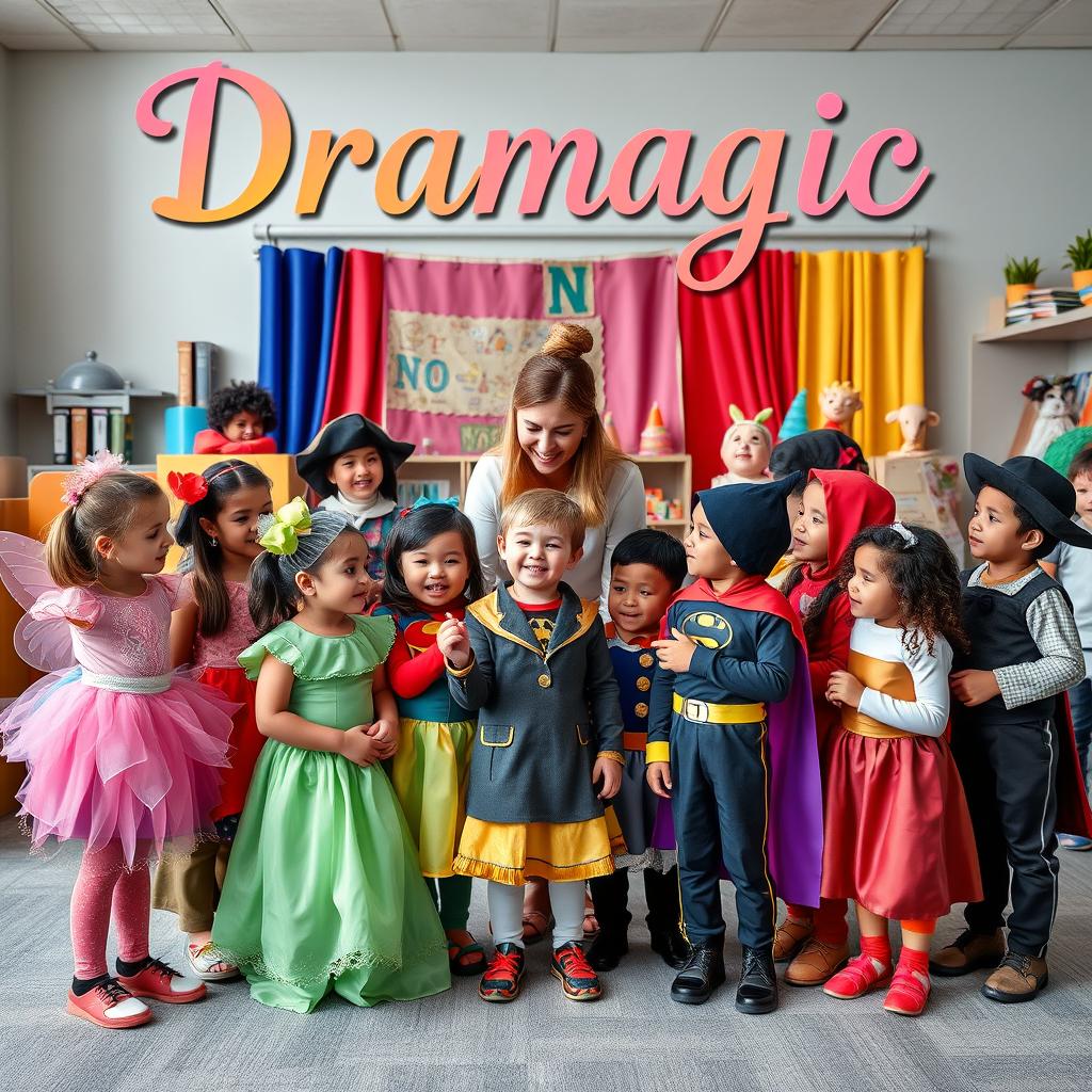 A delightful and engaging photograph capturing a drama teacher interacting with a diverse group of young children in a lively drama classroom