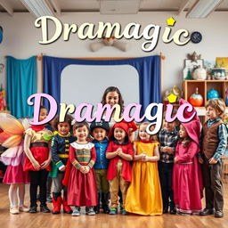 A delightful and engaging photograph capturing a drama teacher interacting with a diverse group of young children in a lively drama classroom