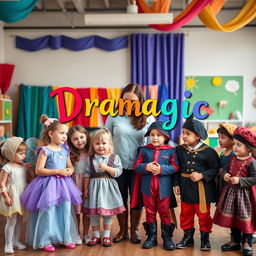 A delightful and engaging photograph capturing a drama teacher interacting with a diverse group of young children in a lively drama classroom