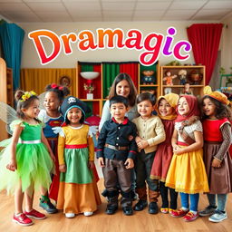 A delightful and engaging photograph capturing a drama teacher interacting with a diverse group of young children in a lively drama classroom