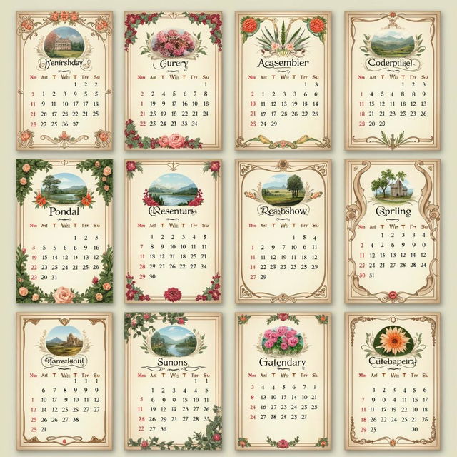 A beautiful and classic calendar design, featuring all twelve months in an elegant layout