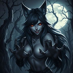 A haunting depiction of a female character with a blend of human and wolf features, set in a dark, nordic horror ambiance, yet possessing an intriguing resemblance to Rinnemon