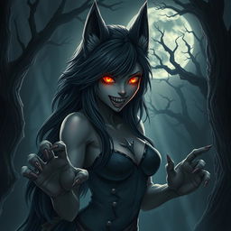 A haunting depiction of a female character with a blend of human and wolf features, set in a dark, nordic horror ambiance, yet possessing an intriguing resemblance to Rinnemon