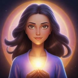 A cartoon female character emanating a glow that suggests spiritual powers. She has an aura of tranquility and depth, with eyes that shine with wisdom. The background is mystic, complementing her powers.