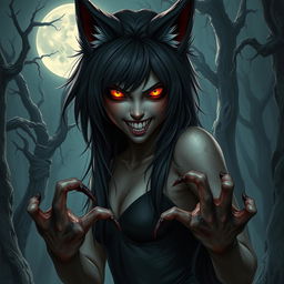 A haunting depiction of a female character with a blend of human and wolf features, set in a dark, nordic horror ambiance, yet possessing an intriguing resemblance to Rinnemon