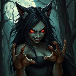 A haunting depiction of a female character with a blend of human and wolf features, set in a dark, nordic horror ambiance, yet possessing an intriguing resemblance to Rinnemon