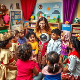 A vibrant photograph capturing a drama teacher engaging with a diverse group of young children, each adorned in distinct drama character outfits such as a prince, scientist, astronaut, and traditional costumes representing various cultures