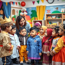 A vibrant photograph capturing a drama teacher engaging with a diverse group of young children, each adorned in distinct drama character outfits such as a prince, scientist, astronaut, and traditional costumes representing various cultures