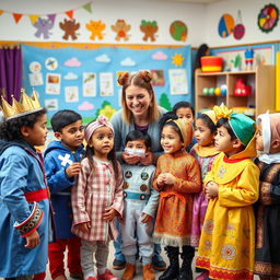 A vibrant photograph capturing a drama teacher engaging with a diverse group of young children, each adorned in distinct drama character outfits such as a prince, scientist, astronaut, and traditional costumes representing various cultures