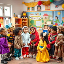 A vibrant photograph capturing a drama teacher engaging with a diverse group of young children, each adorned in distinct drama character outfits such as a prince, scientist, astronaut, and traditional costumes representing various cultures