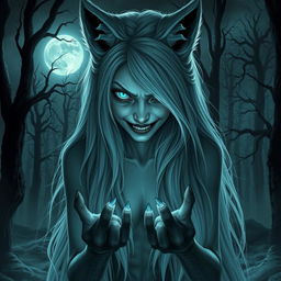 A spine-chilling portrayal of a female character combining wolf traits with a human form, inspired by a dark nordic horror theme and capturing the essence of Rinnemon