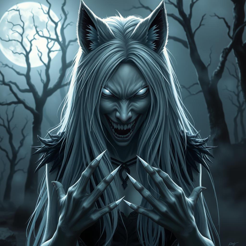 A spine-chilling portrayal of a female character combining wolf traits with a human form, inspired by a dark nordic horror theme and capturing the essence of Rinnemon