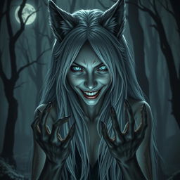 A spine-chilling portrayal of a female character combining wolf traits with a human form, inspired by a dark nordic horror theme and capturing the essence of Rinnemon