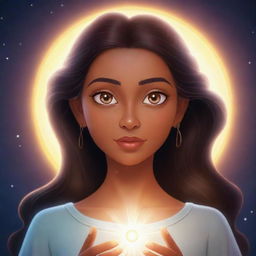 A cartoon female character emanating a glow that suggests spiritual powers. She has an aura of tranquility and depth, with eyes that shine with wisdom. The background is mystic, complementing her powers.