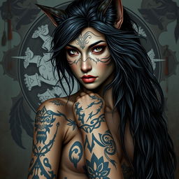 A striking representation of a female werewolf with a predominantly human appearance, featuring intricate Norse and Native American markings across her skin