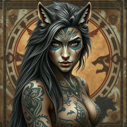 A striking representation of a female werewolf with a predominantly human appearance, featuring intricate Norse and Native American markings across her skin