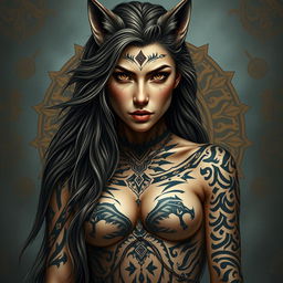 A striking representation of a female werewolf with a predominantly human appearance, featuring intricate Norse and Native American markings across her skin