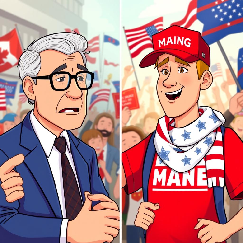 A vibrant animated split-screen interview featuring an older male Canadian interviewer and two young enthusiastic American MAGA supporters