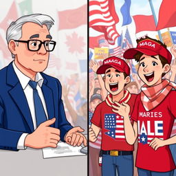 A vibrant animated split-screen interview featuring an older male Canadian interviewer and two young enthusiastic American MAGA supporters