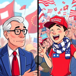 A vibrant animated split-screen interview featuring an older male Canadian interviewer and two young enthusiastic American MAGA supporters